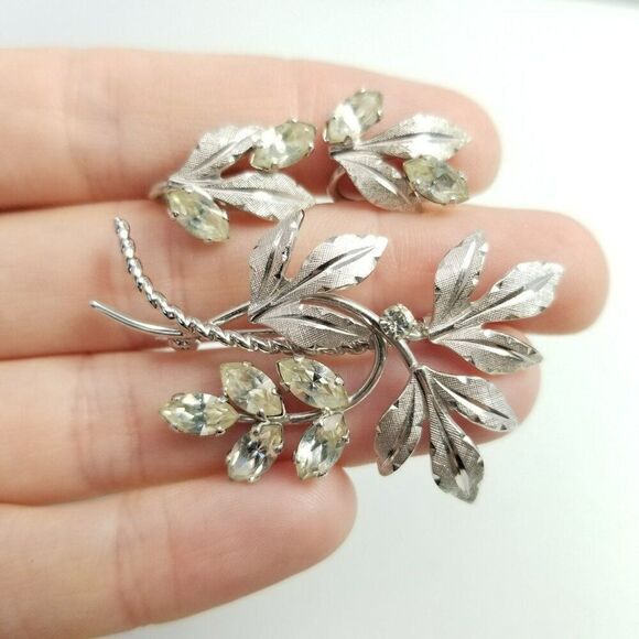 Vintage Van Dell Sterling Silver Rhinestone Clip On Earring and Brooch Set - Picture 7 of 7